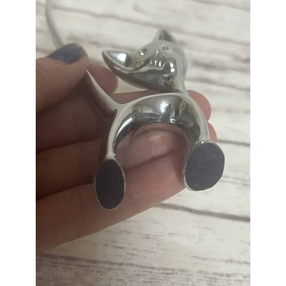 Vintage MCM Metal Silver Tone Kitty Cat Ring Holder Rhinestone Eyes Long Tail